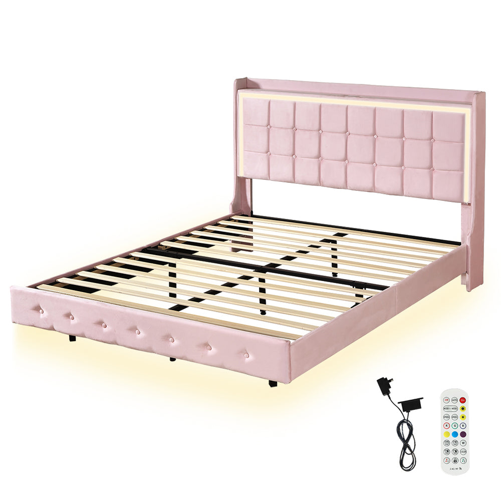 Levede Pink Queen Floating Bed Frame with remote