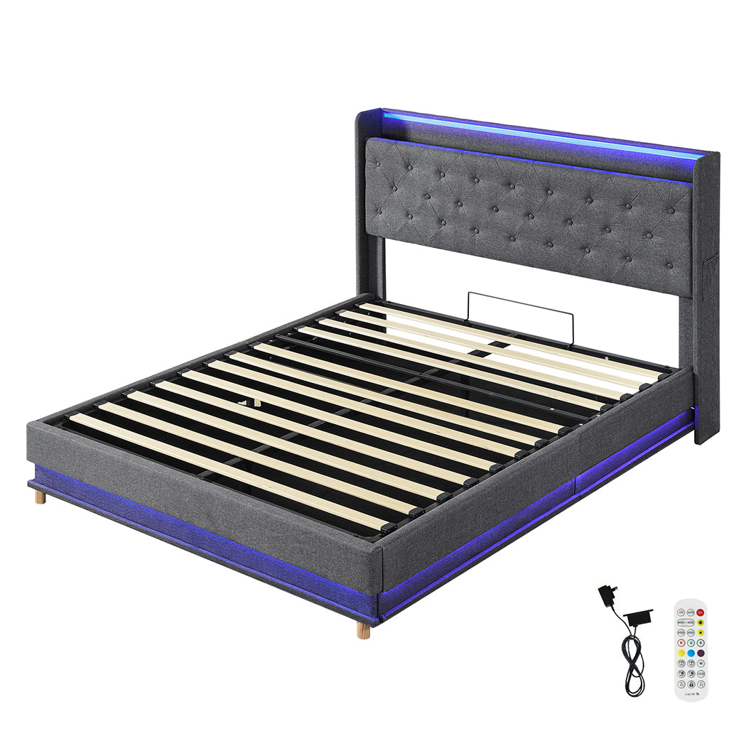 Double LED Bed Frame with Gas Lift & USB Ports – Levede
