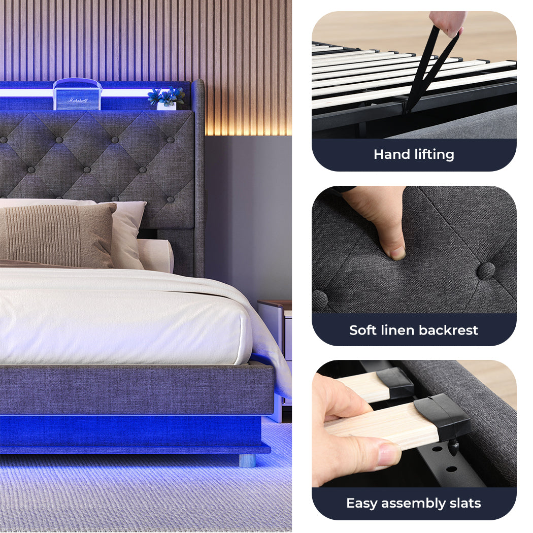Levede Queen Gas Lift Bed Frame with soft Linen on bed 