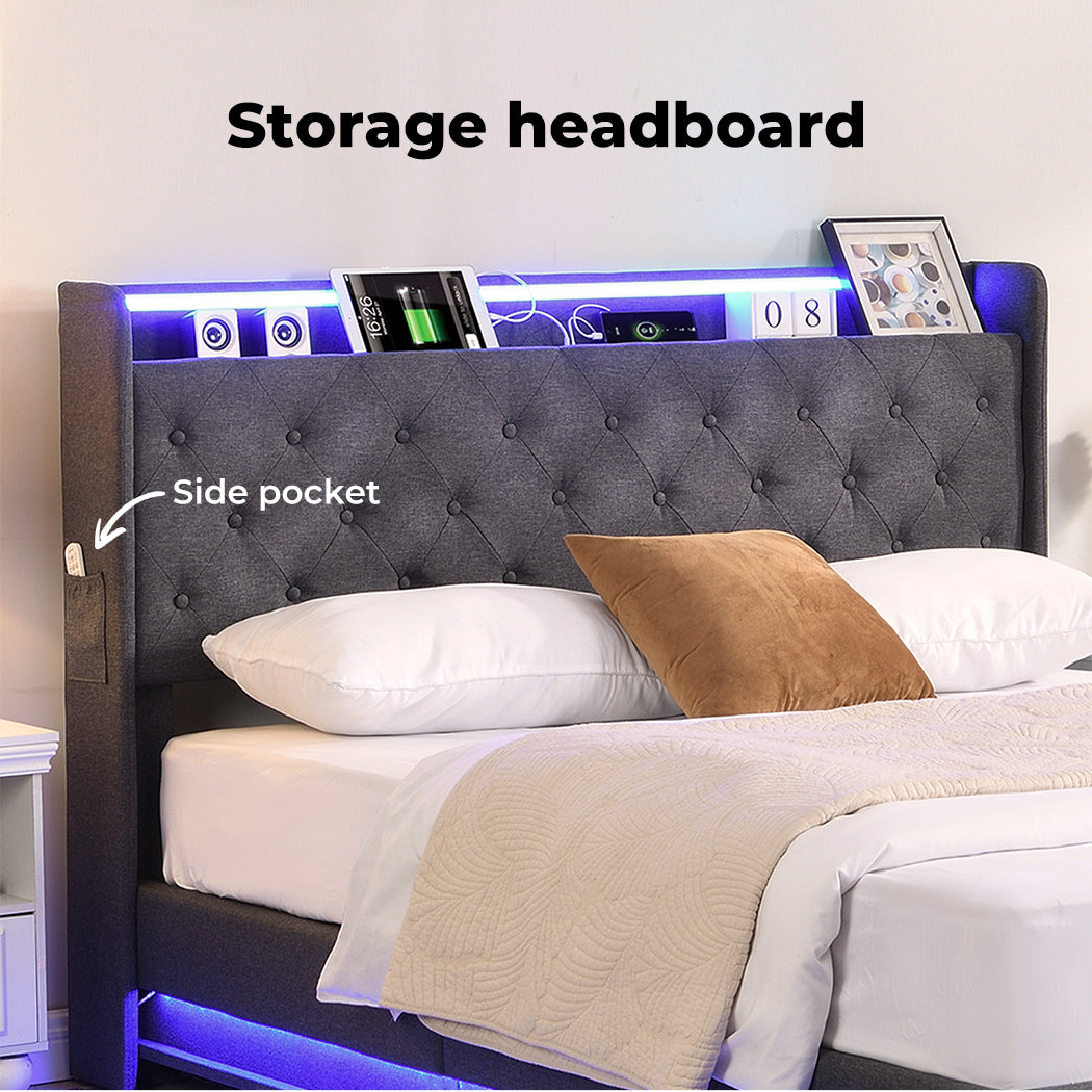 Levede Queen Gas Lift Bed Frame with storage headboard
