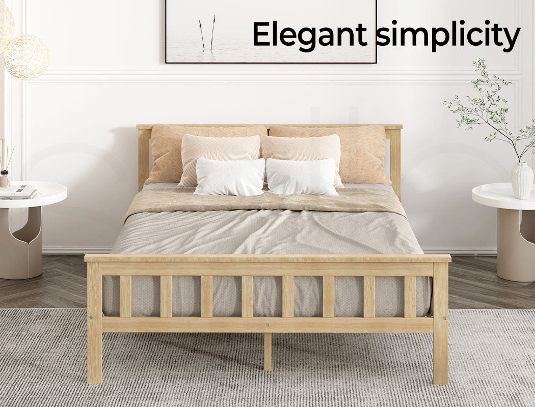Levede wooden bed frame in bedroom