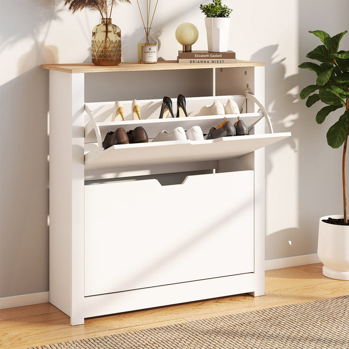 Narrow Shoe Cabinet Organiser Storage Rack Flip-up Drawer 12 Pairs White