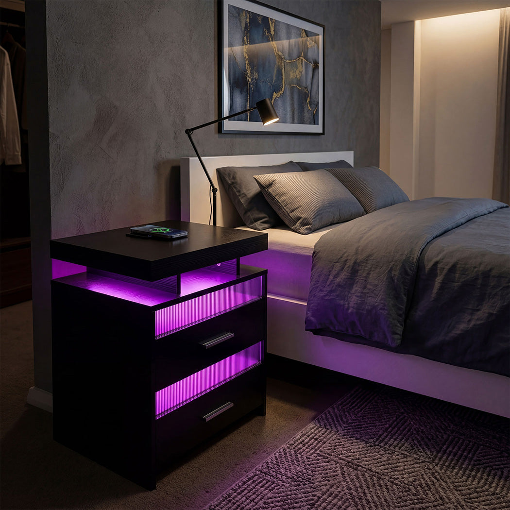 Smart Bedside Table Motion Sensor Charging Modern Nightstand RGB Bedroom