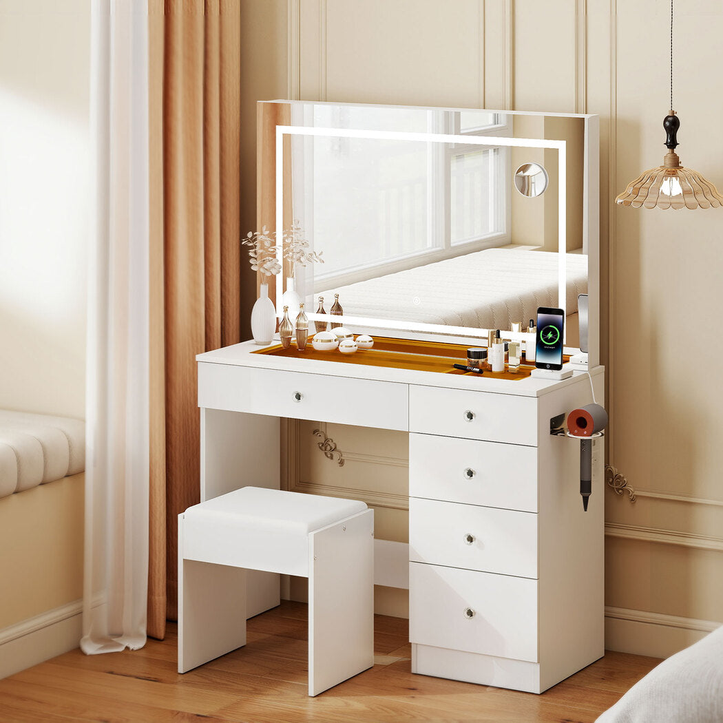 Dressing Table LED Makeup Mirror Stool Set Vanity Desk 5 Storage Drawer