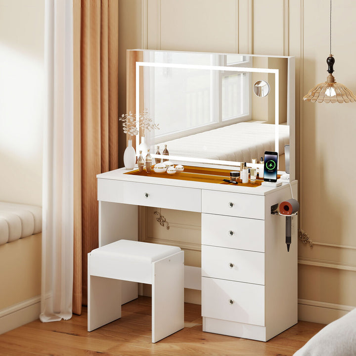 Dressing Table LED Makeup Mirror Stool Set Vanity Desk 5 Storage Drawer