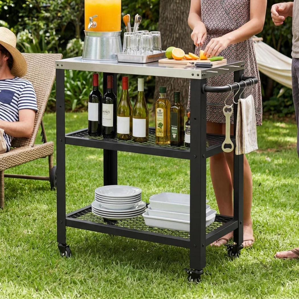 Outdoor Kitchen Cart Mobile BBQ Grill Trolley Stainless Steel Prep Table