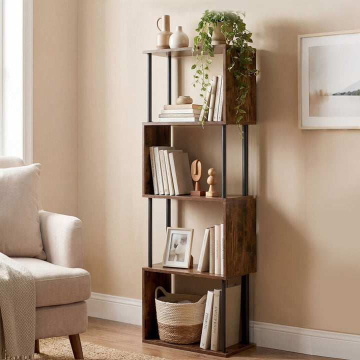 Bookshelf 5 Tier Display Shelf Bookcase Storage Rack S-Shaped Anti-Tip