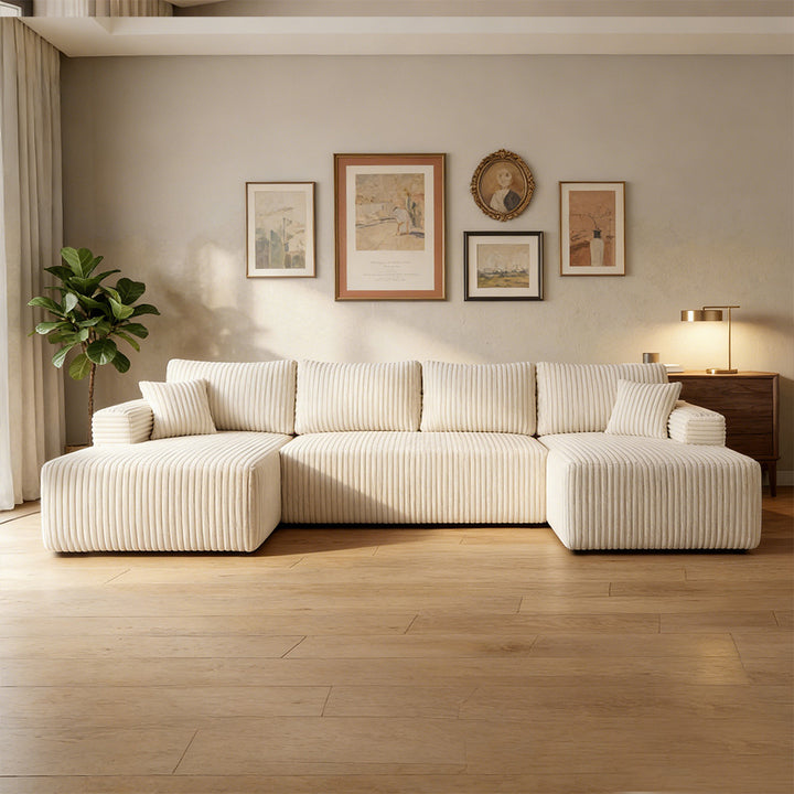 Modular Sofa Lounge Set Corduroy U Shaped Sectional Cloud Couch Beige