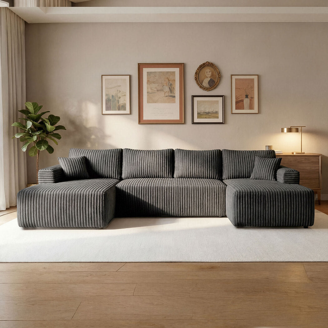 Modular Sofa Lounge Set Corduroy U Shaped Sectional Cloud Couch Grey