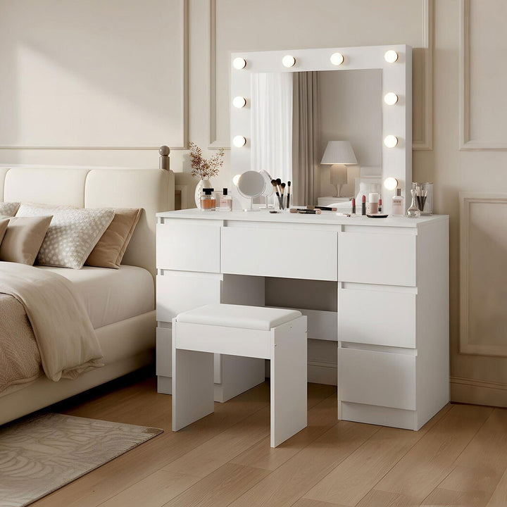 Dressing Table Stool Set 10 Bulbs Makeup Mirror Vanity Desk Cabinet White