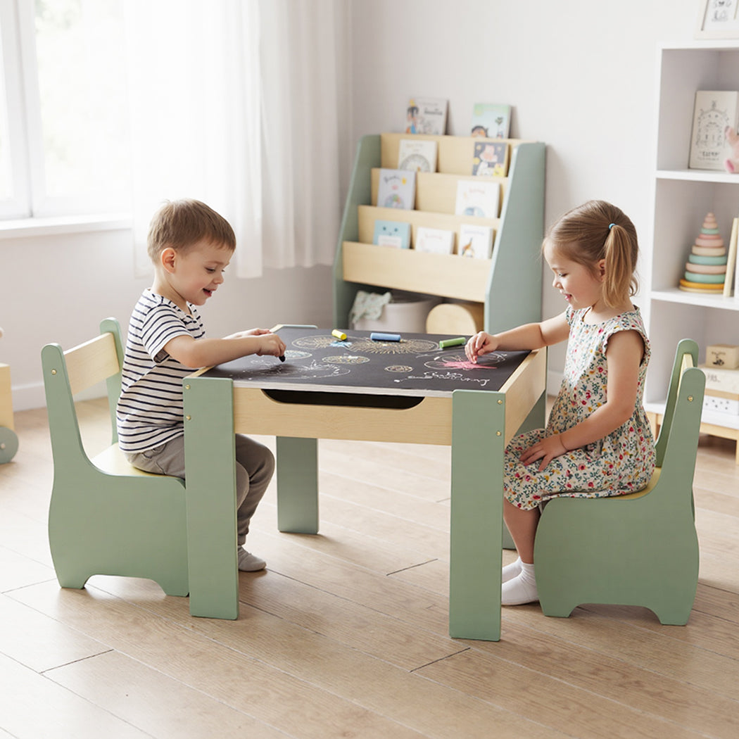 Kids Table and Chairs Set 3-in-1 Chalkboard Storage Learning Dining Desk