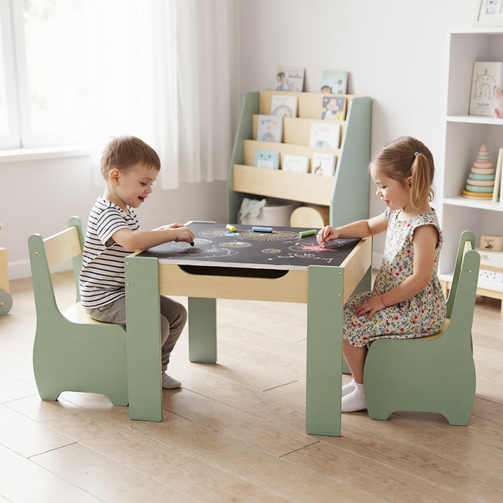 Kids Table and Chairs Set 3-in-1 Chalkboard Storage Learning Dining Desk