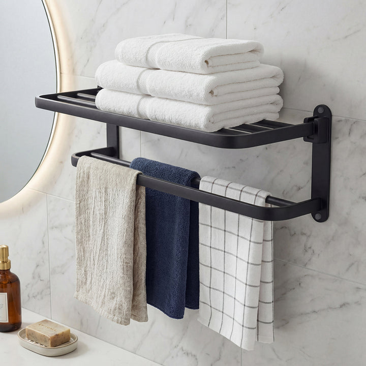Towel Rack Bathroom 2 Bars Rail Holder Wall Mounted Storage Shelf Black