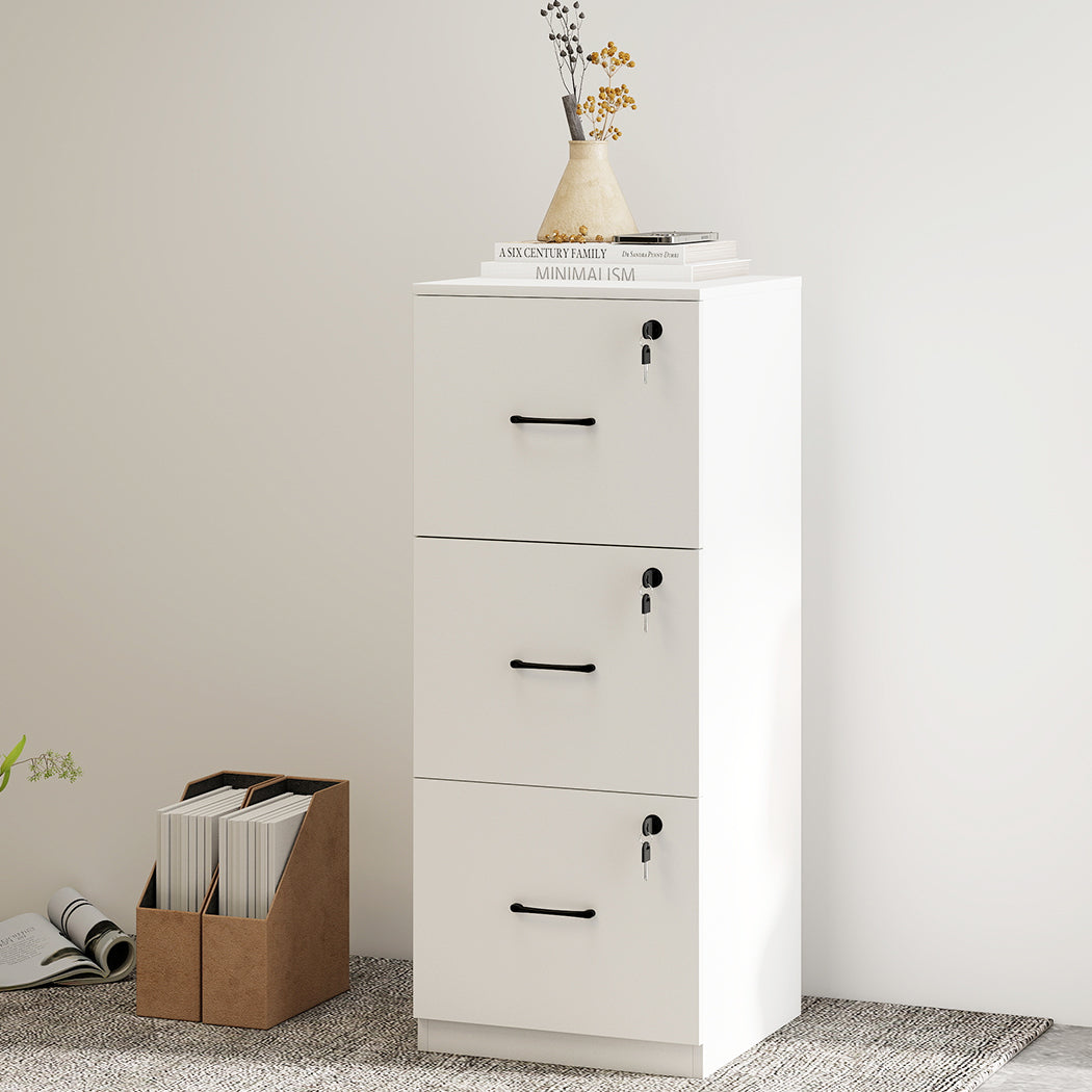 File Cabinet 3 Lockable Drawers Modern Filing Storage Home Office White