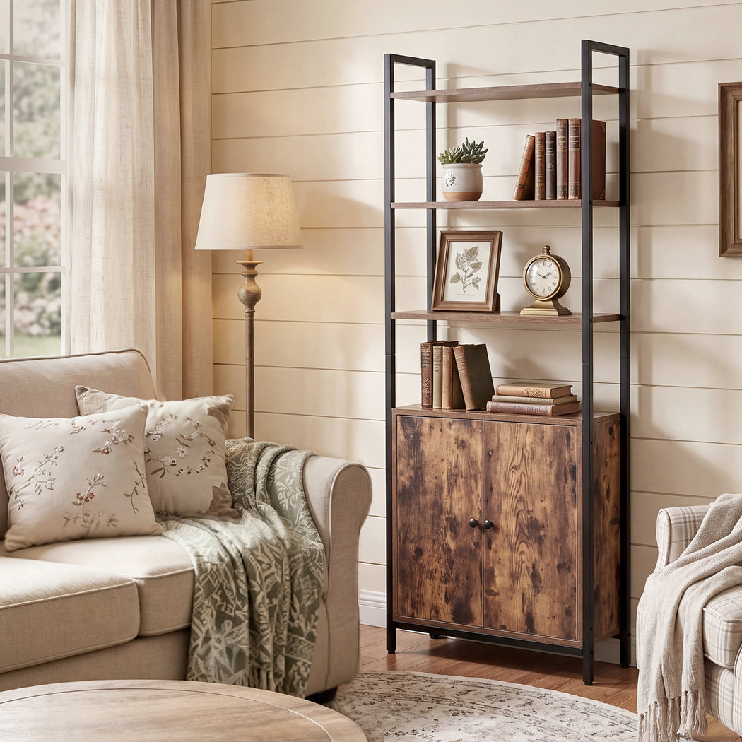 6 Tier Bookshelf Storage Cabinet Bookcase Display Adjustable Shelves Door