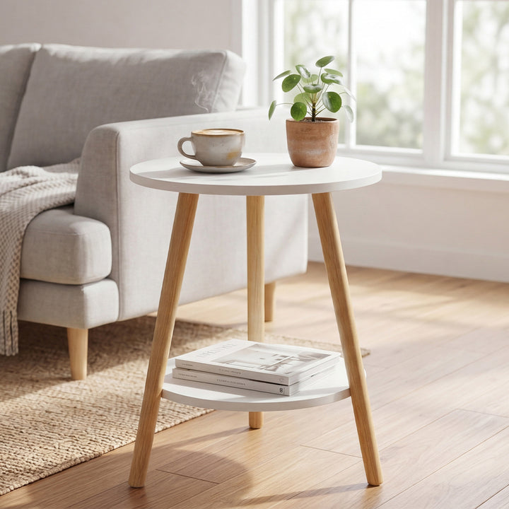Round Coffee Table 2-Layer Living Room End Tables Bedroom Side Table