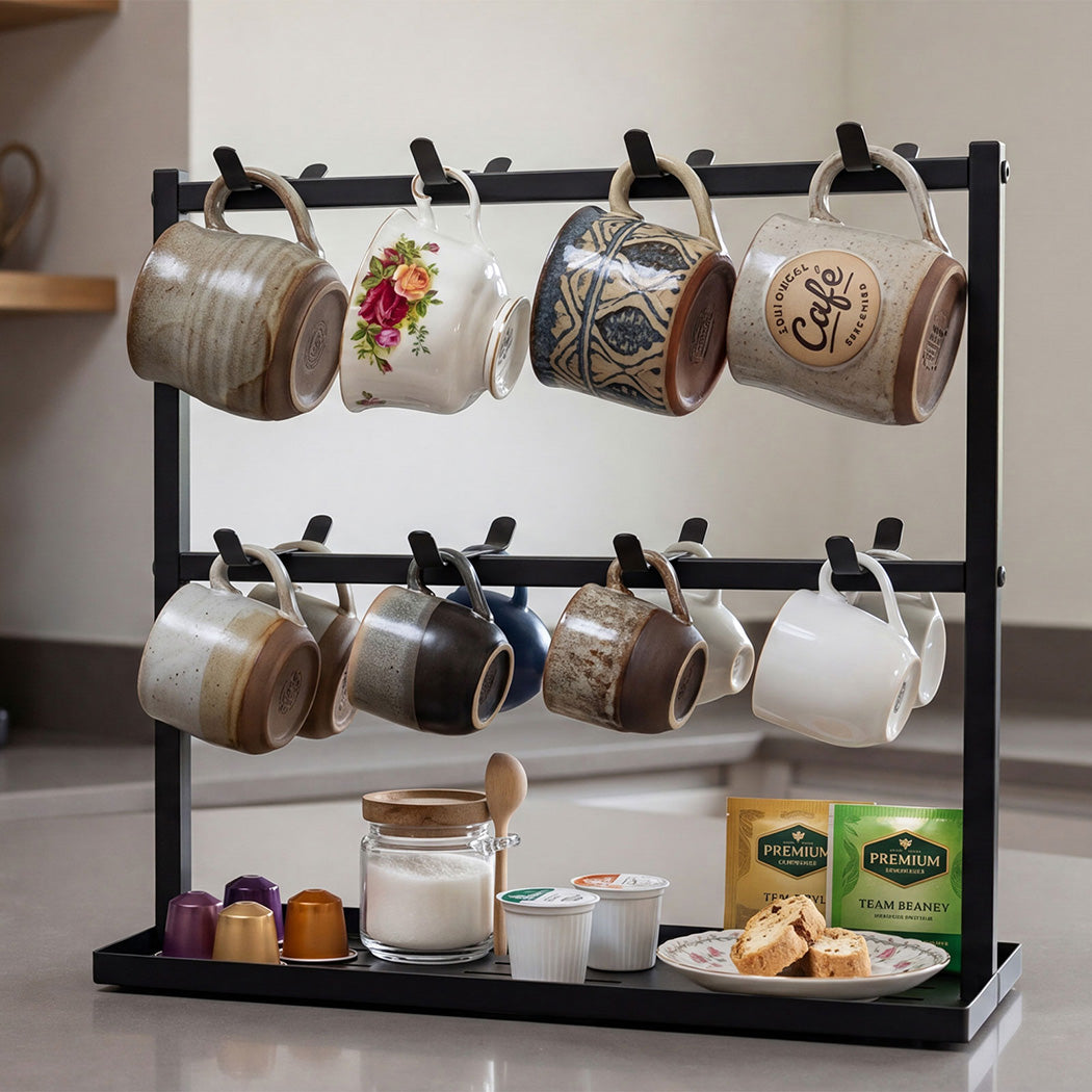 Mug Rack 2 Tier 16 Hook Metal Coffee Cup Holder Stand Organizer Kitchen