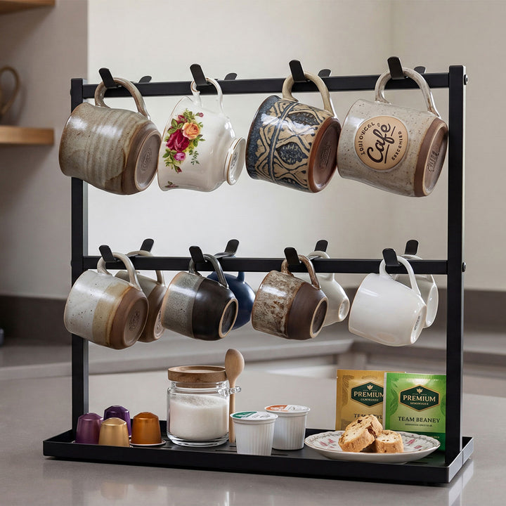 Mug Rack 2 Tier 16 Hook Metal Coffee Cup Holder Stand Organizer Kitchen