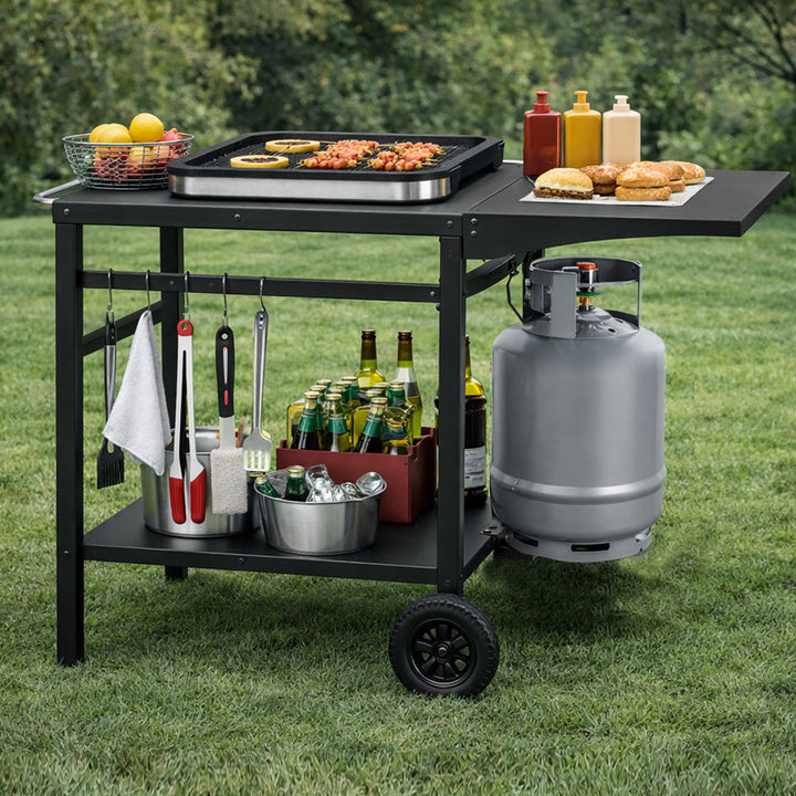 Outdoor Kitchen Cart Mobile Foldable Food Prep BBQ Grill Dining Table