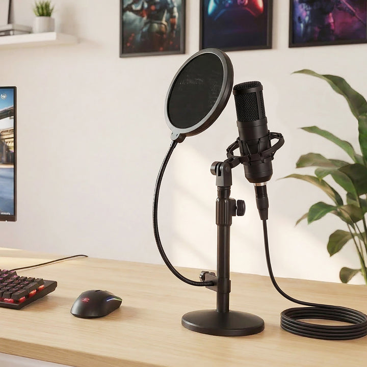 Desktop Microphone Stand Adjustable Pop Filter Shock Mount Base Kit Black