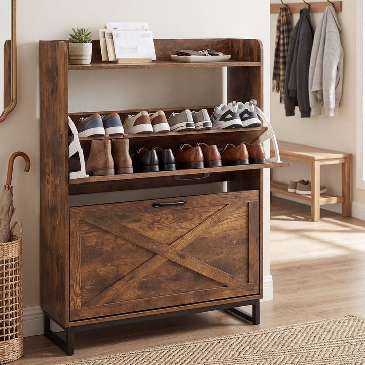 Shoe Cabinet 2 Flip Drawers Storage Organiser Removable Shelf Hallway