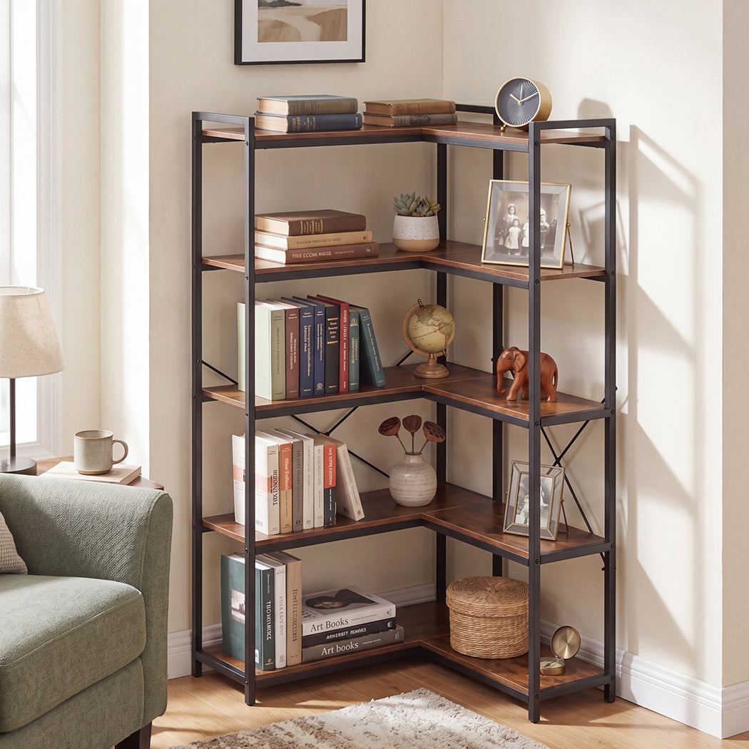 Corner Bookshelf 5 Tier Bookcase L Shape Storage Shelf Display Rack Brown