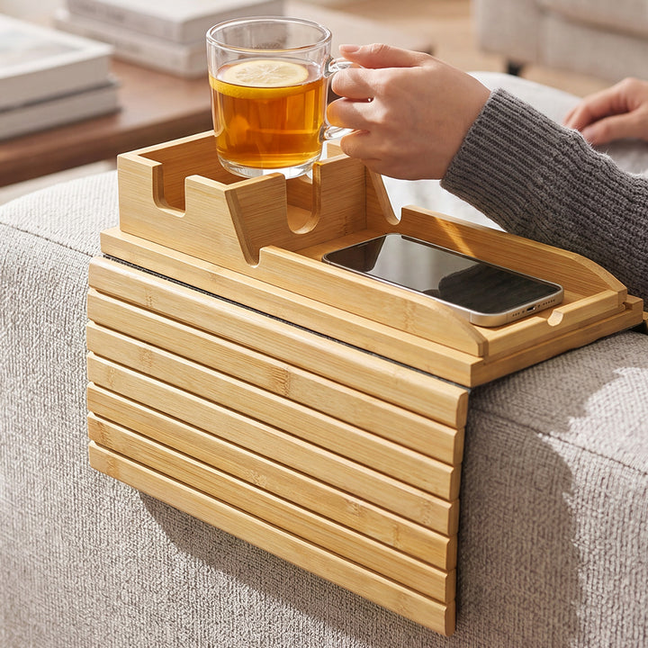 Bamboo Sofa Arm Tray Cup Holder Detachable Couch Side Table Non-Slip