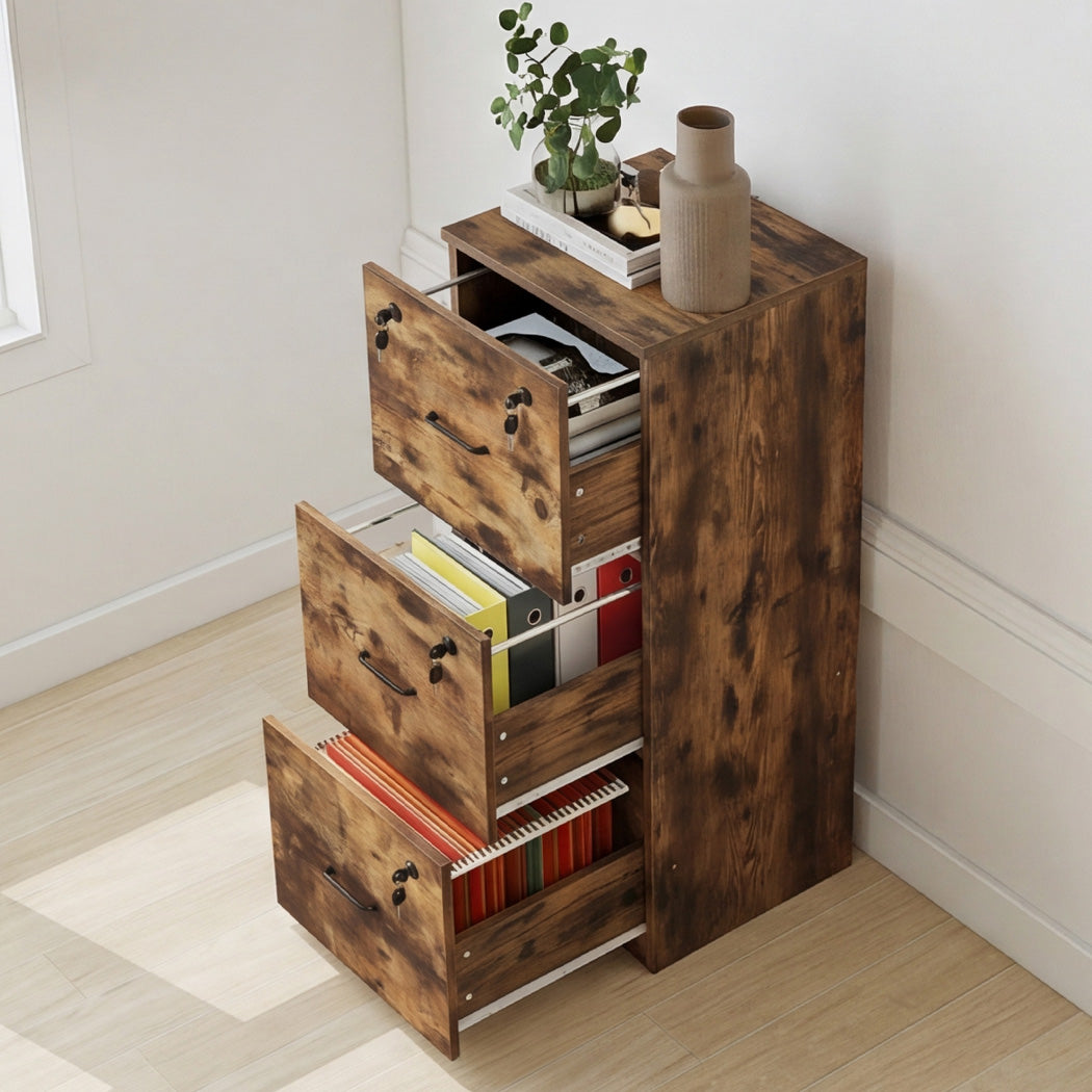 File Cabinet 3 Lockable Drawers Modern Filing Storage Home Office White