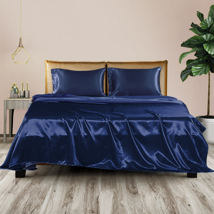 DreamZ Silky Satin Sheets Fitted Blue - Levede