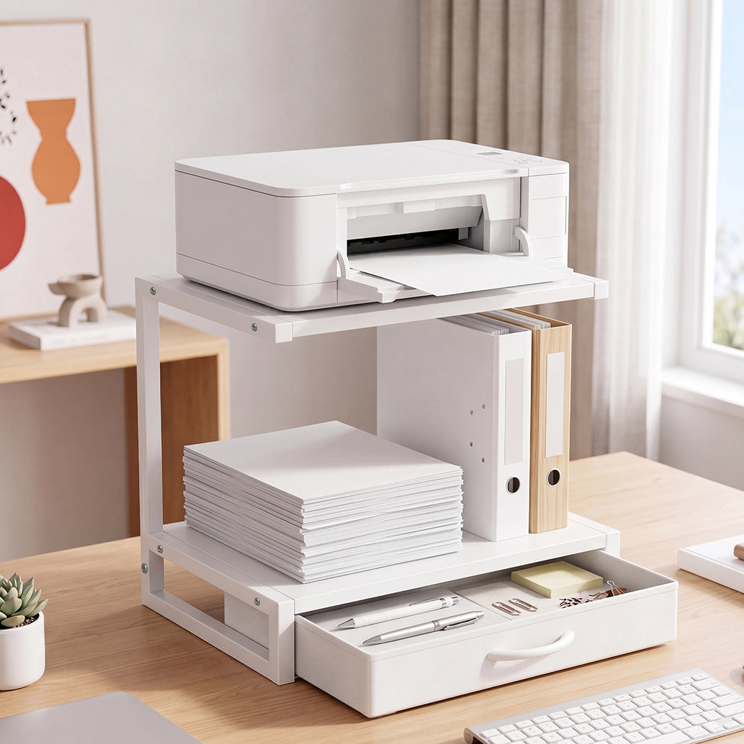 2 Tier Printer Stand Storage Shelf Desk Organiser Rack Drawer Office