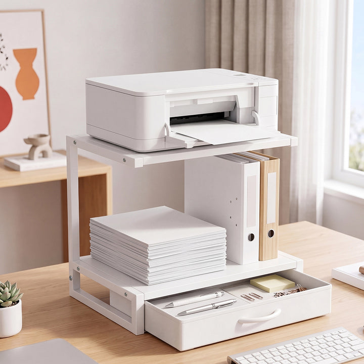 2 Tier Printer Stand Storage Shelf Desk Organiser Rack Drawer Office