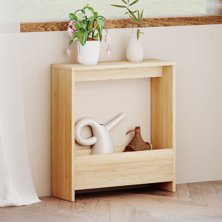Side Table with Magazine Rack Small End Table Narrow Coffee Table Oak
