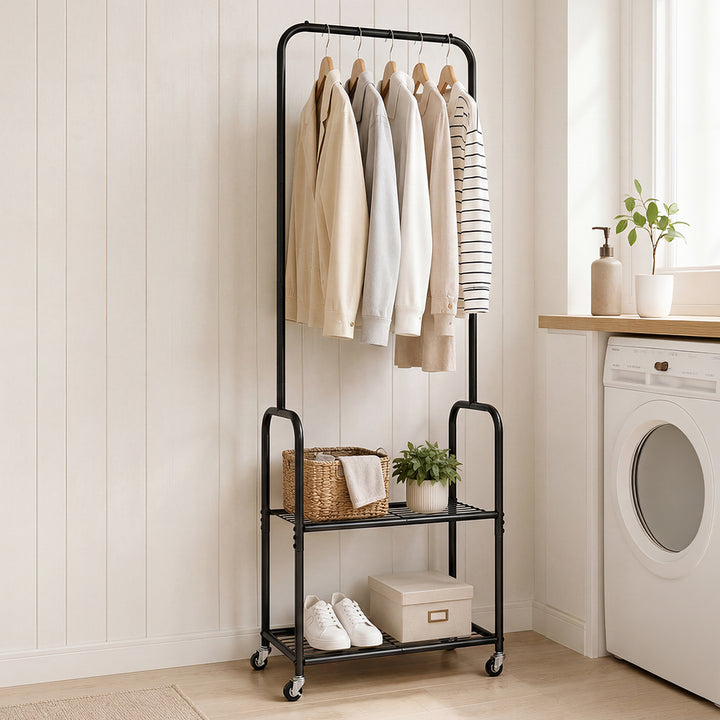 Clothes Rack Heavy Duty Garment Rack 2 Shelf Locking Wheels Bedroom Black