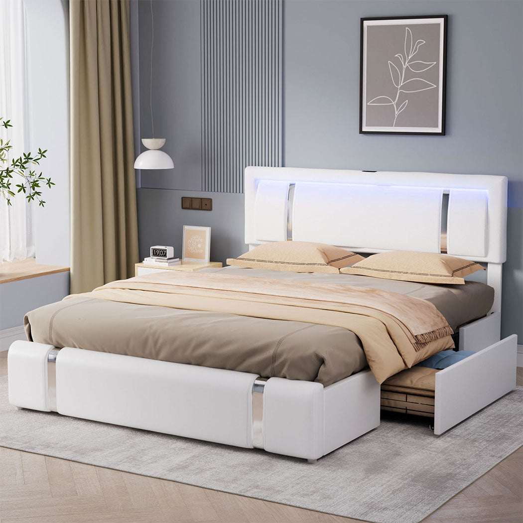 Bed Frame Adjustable Soft Headboard LED Lights Drawers USB Charge