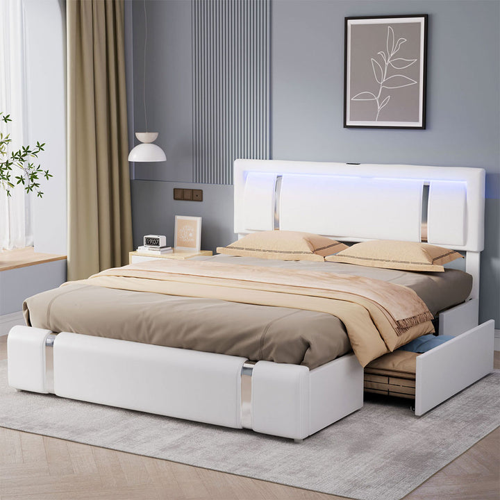 Bed Frame Adjustable Soft Headboard LED Lights Drawers USB Charge