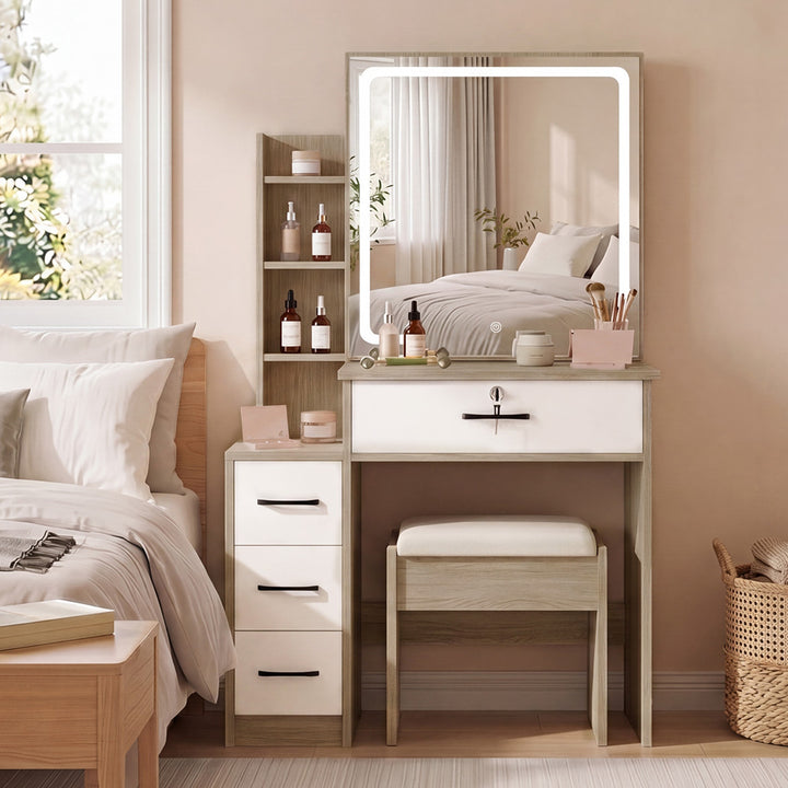 Dressing Table Vanity Stool Set Sliding LED Mirror Makeup Storage Shelves