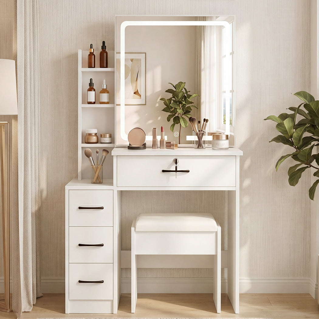 Dressing Table Vanity Stool Set Sliding LED Mirror Makeup Storage Shelves