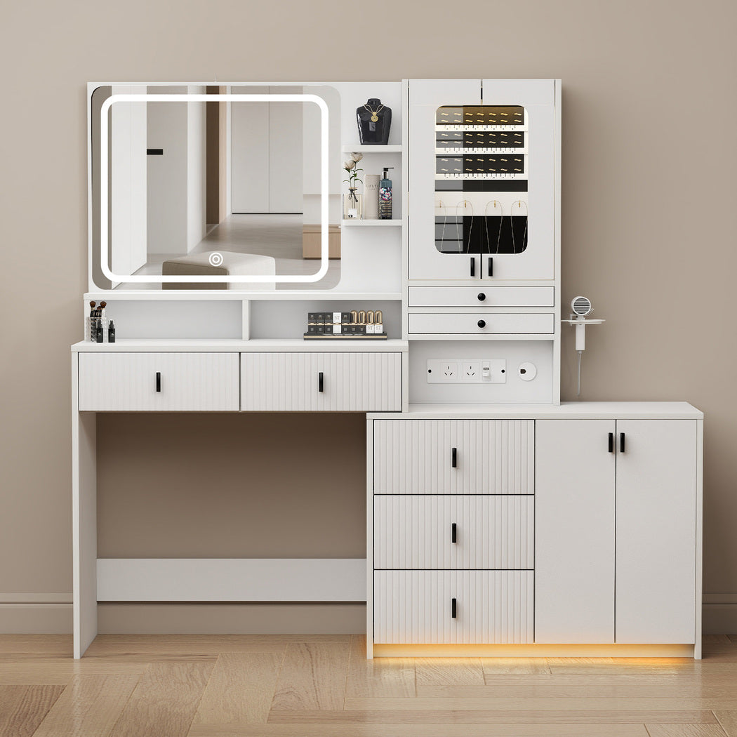 150cm Vanity Table Touchscreen Mirror LED Jewelry Cabinet 7 Drawers White