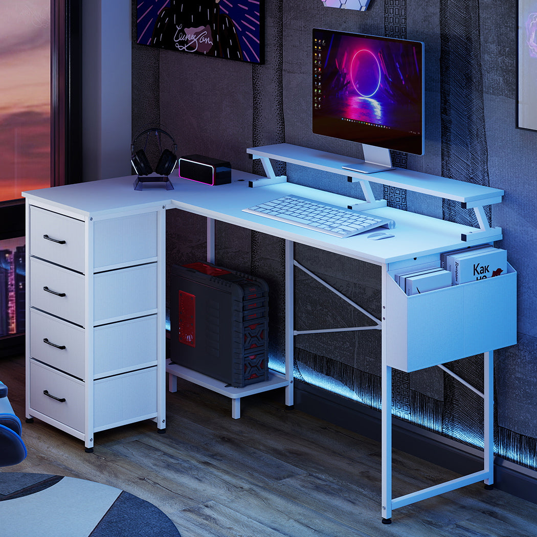 L Shaped Gaming Desk with RGB LED, Storage Drawers Power Outlet