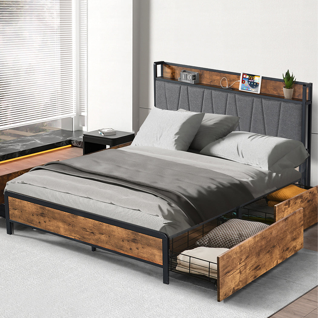 Levede Queen Bed Frame Soft Storage Drawers Headboard USB Charge - Levede