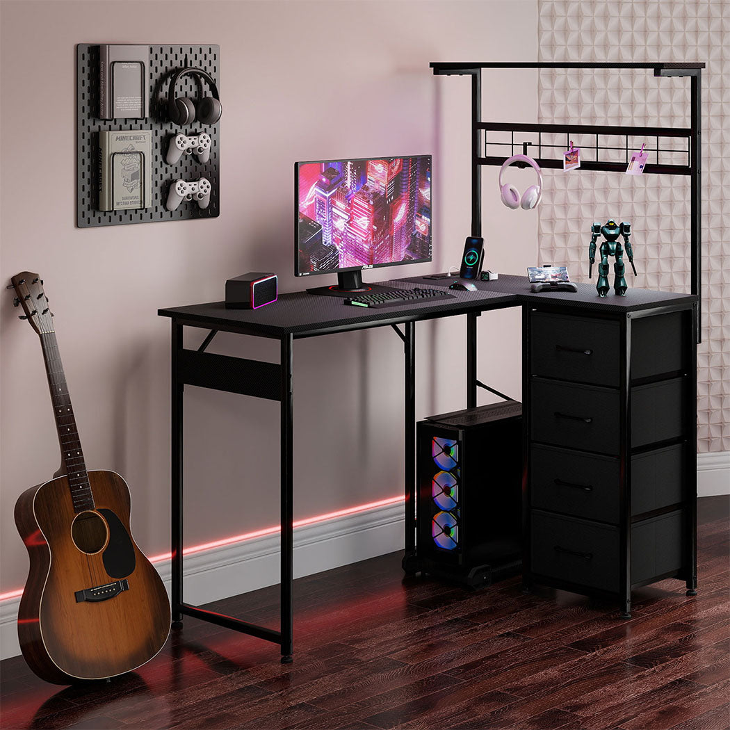 Computer Desk Convertible L-shaped Study Table Metal Frame with Drawers