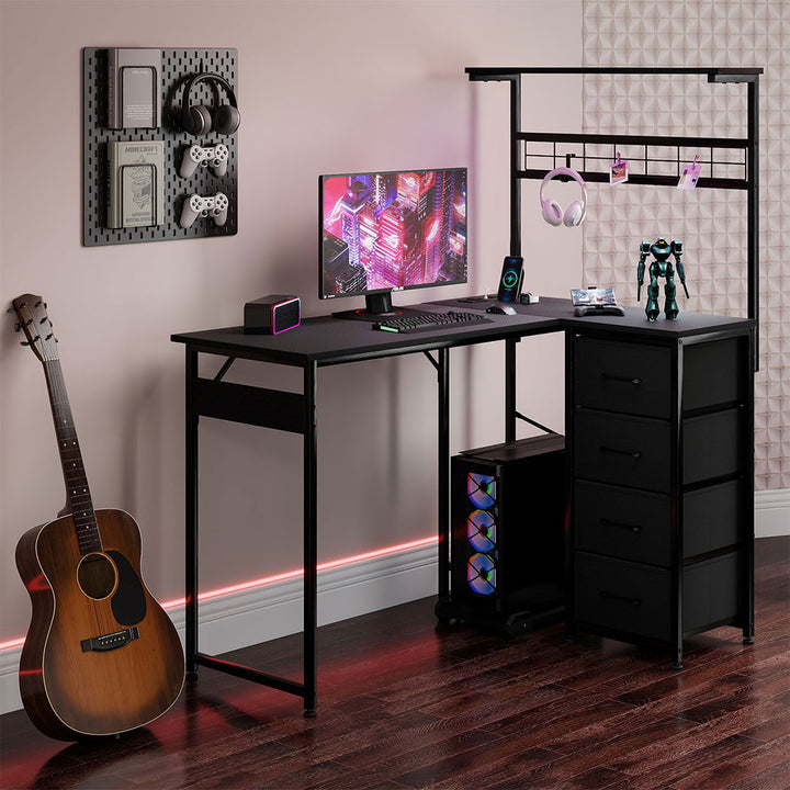 Computer Desk Convertible L-shaped Study Table Metal Frame with Drawers