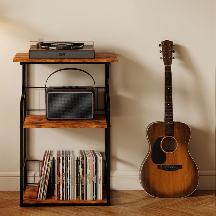 Side Table 3-Tier Storage Shelf Modern Wood Record Player Table Brown