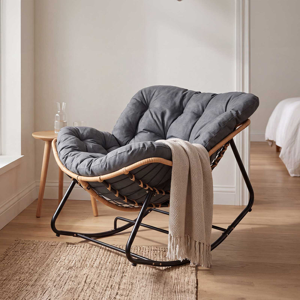 Rocking Chair with Thick Cushion PE Rattan Silent Strip Indoor Patio Grey