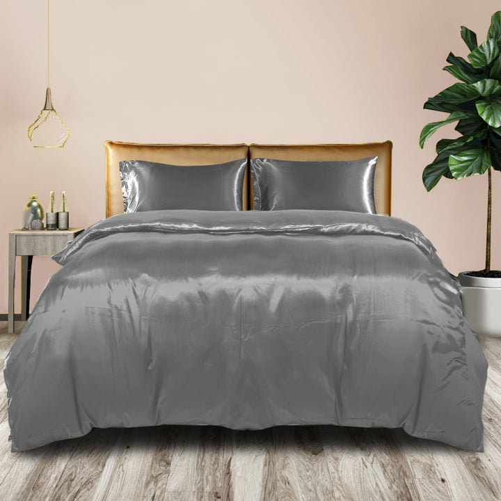 DreamZ Silky Satin Quilt Cover Set Bedspread Dark Grey - Levede