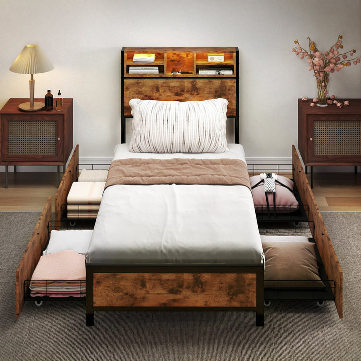 Bed Frame Storage Headboard Drawers RGB LED USB Charge Industrial