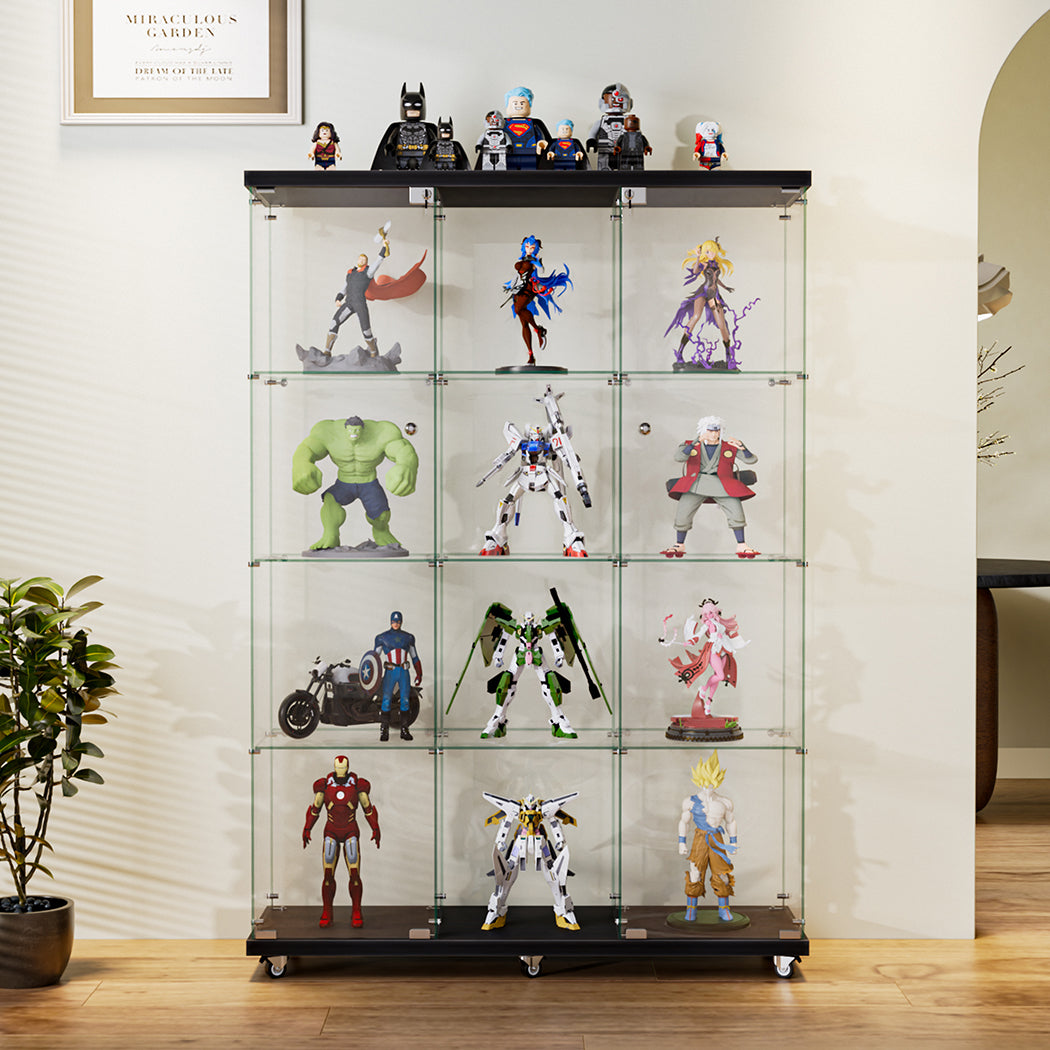 Glass Display Cabinet 4 Tier Lockable Wheeled Key Showcase Storage 169cm