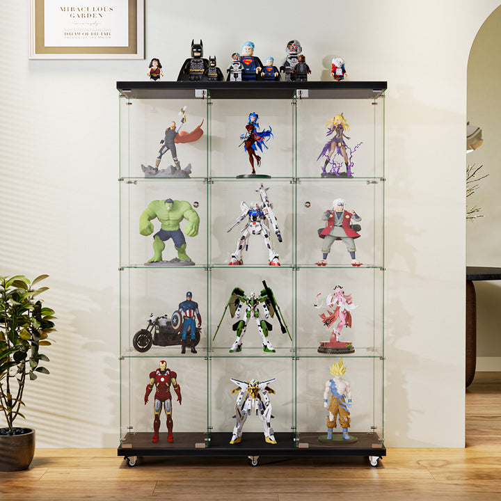 Glass Display Cabinet 4 Tier Lockable Wheeled Key Showcase Storage 169cm