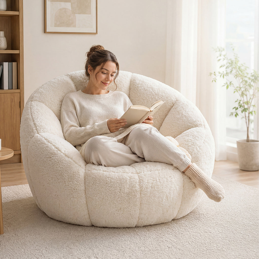 Bean Bag Chair Faux Rabbit Fur Floral Shaped Reading Sofa Chair White