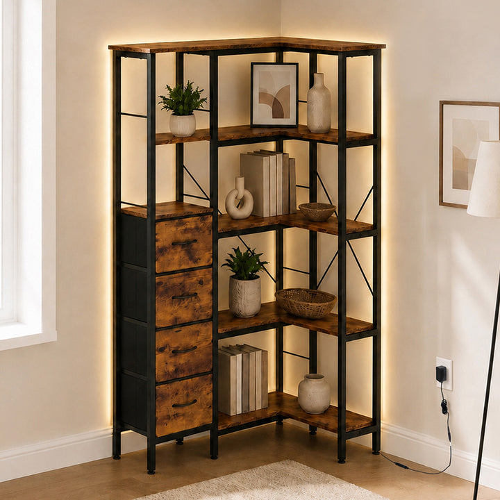 Corner Bookshelf with 4 Fabric Drawers & LED Light 5 Tier Bedroom Rustic